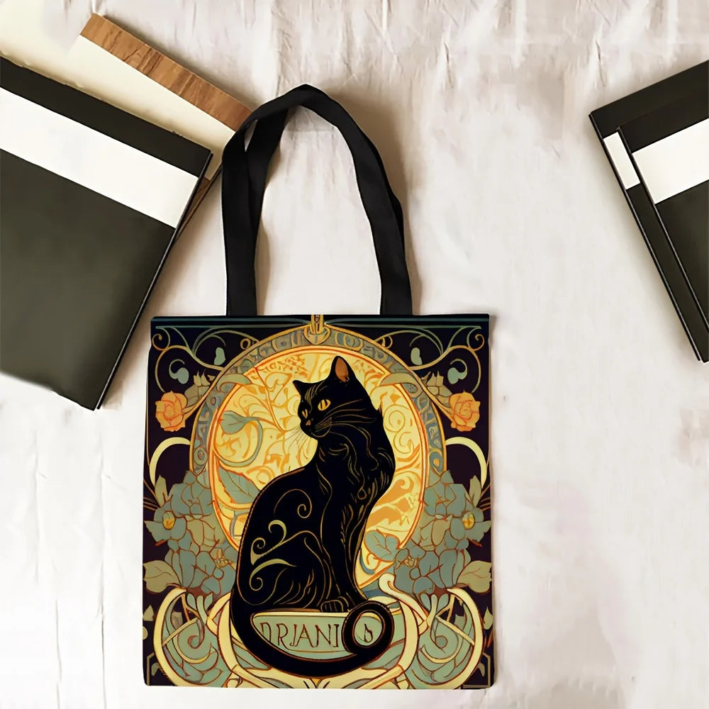 Retro Art Noble Black Cat Tote Bag, Fashionable Shoulder Bag, Daily Lightweight Shopping Bag Linen Fabric 40X40CM Handbag