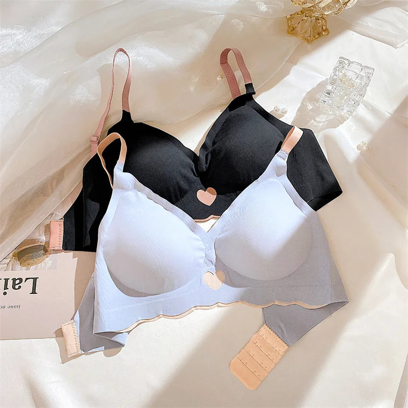 Sexy Push Up Bras For Women Love Heart Pattern Brassiere Deep V Neck Cute Underwear Female Seamless Wireless Soft Lingerie