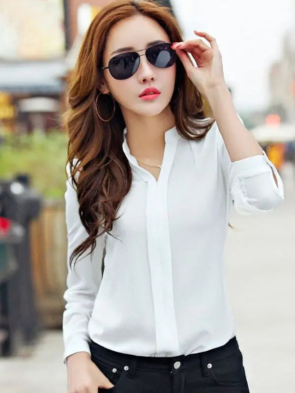 Long Sleeve Shirt Women Autumn Clothing Fashion Slim Chiffon Blouse V Neck Korean Elegant Ladies Office Shirts White Red DF2324