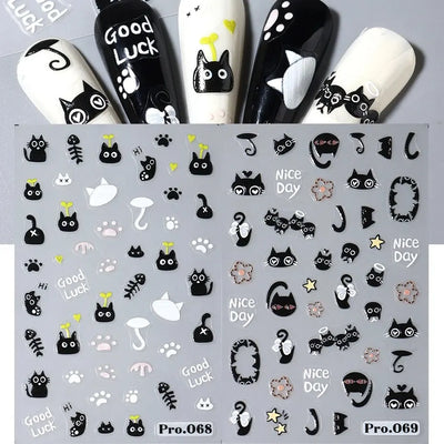 2pcs Black Cat Nail Stickers 3D Cute Cartoon Animal 3D Self-Adhesive Nail Art Decals Sliders Decorations Manicure Accessories