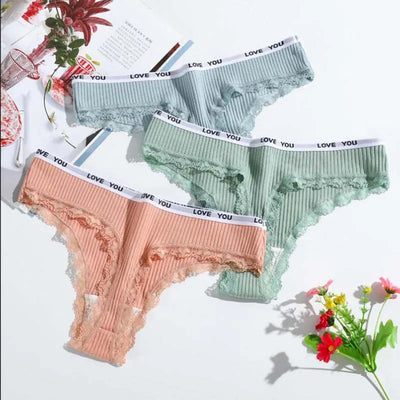 3Pcs/Lot Lace Thong Women's Tanga Low Waist Sexy Lingeries Cotton Panties Laides T Back Pants Girls Underwear Female Underpants