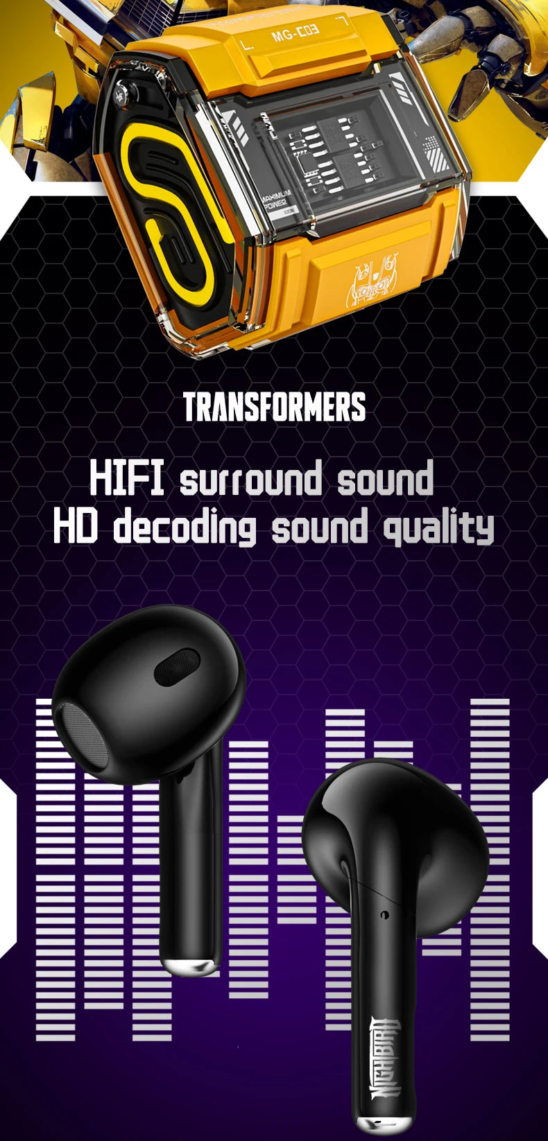 Transformers MG-C03 Bluetooth 5.3 TWS Wireless Earphones Gaming Music Dual Mode Headset HiFi Sound Low Latency Headphones