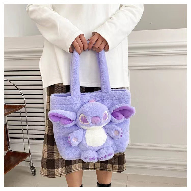 Disney 2024 New Cartoon Plush Doll Shoulder Bag Sweet and Cute Stitch Strawberry Bear Soft Cute Girls Handbag