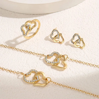 5 Piece Set Fashionable Elegant Gold Rhinestone Heart Shaped Decorative Jewelry Earrings Necklaces Bracelets Ring Combinations