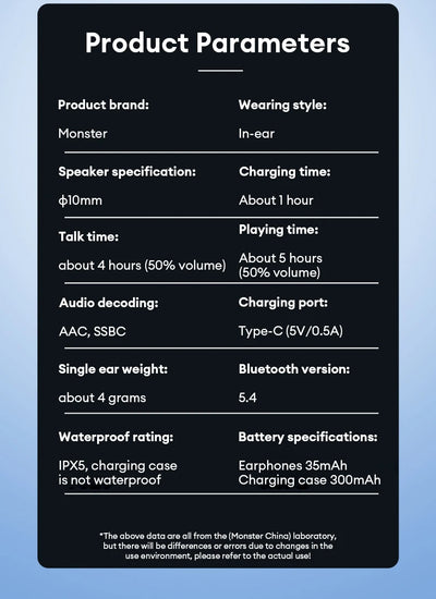 سماعات Monster N-LITE 206 Ture اللاسلكية بتقنية البلوتوث V5.4 IP5X سماعات أذن رياضية مقاومة للماء بصوت ستيريو عالي الدقة ووقت استجابة منخفض