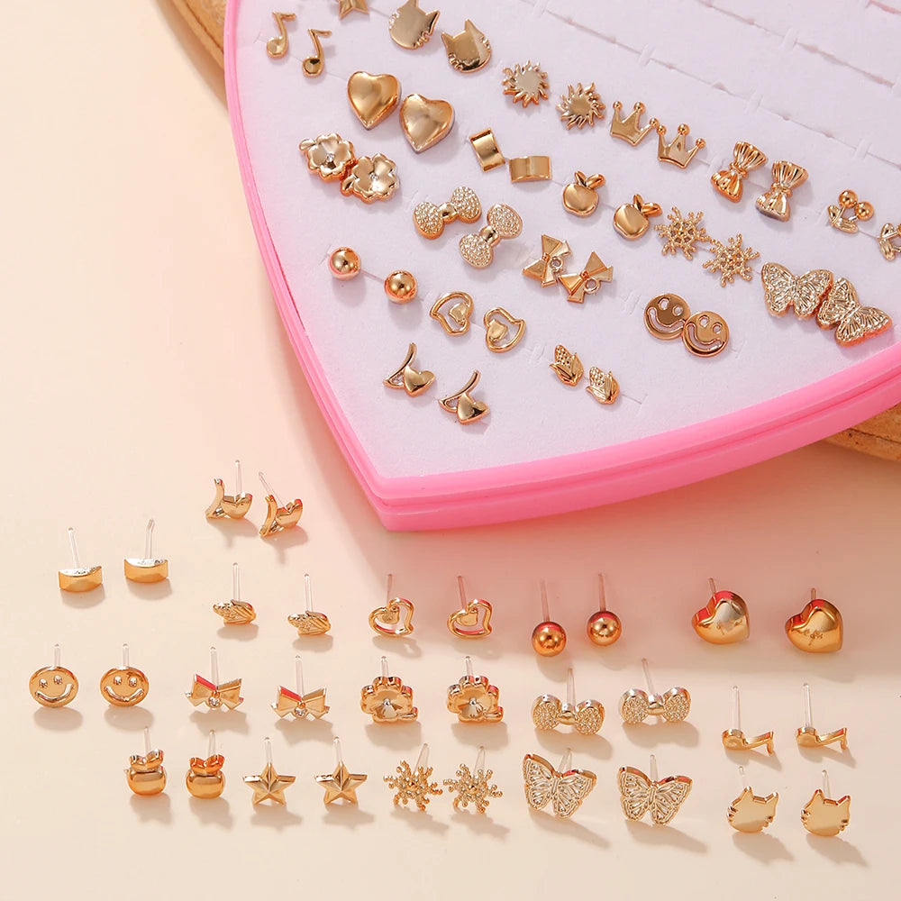 New Design Random 36 Pairs/Lot Lovely Mini Earing Cute Snowflakes Cat Butterfly Stud Earrings For Girl Fashion Daily Ear Jewelry