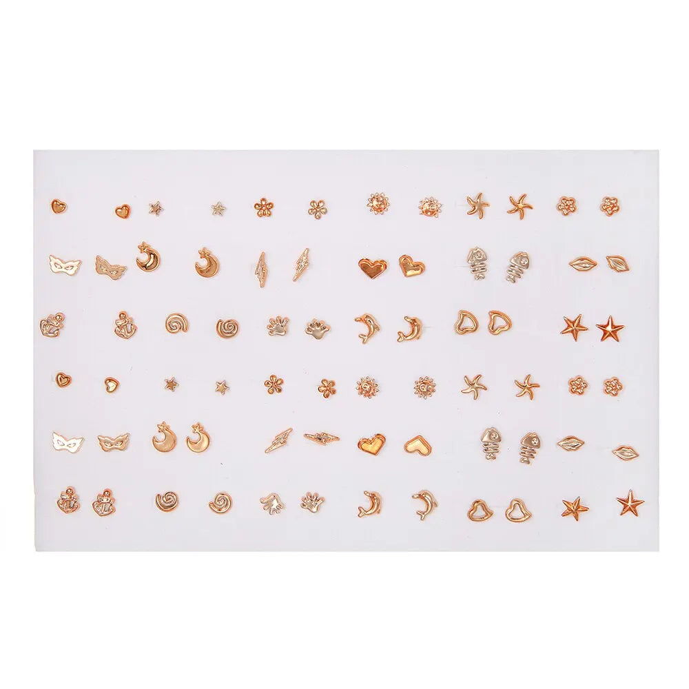 Fashion Geometric 36 Pairs/Lot Mixed Styles Small Stud Earrings For Women Lady Starfish Dolphins Moon Jewelry Party Gifts