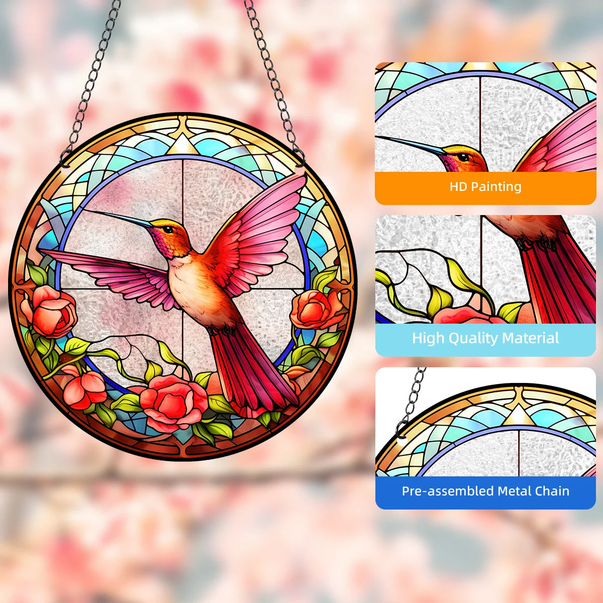 Acrylic Pattern Hummingbird Stained Window Hangings Colorful Flower Suncatchers for Windows, Birds Window Hangings with Chain