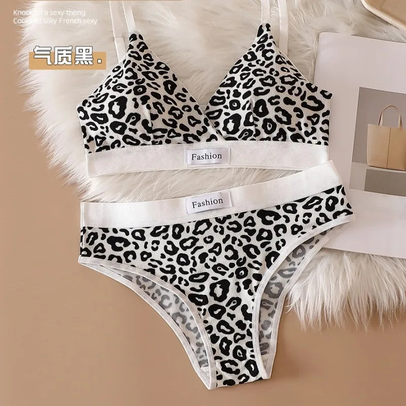 2024 Summer New Women's Leopard Print Traceless and Steel Rim Bra Adjustable Shoulder Strap Back Women's Underwear Set