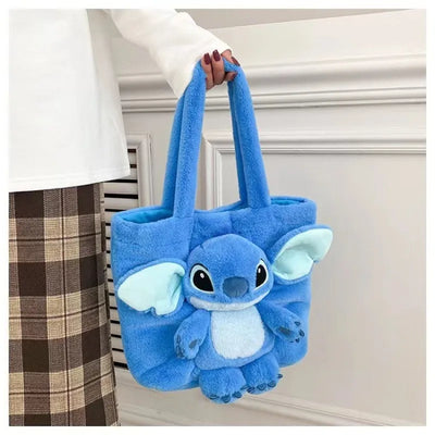 Disney 2024 New Cartoon Plush Doll Shoulder Bag Sweet and Cute Stitch Strawberry Bear Soft Cute Girls Handbag