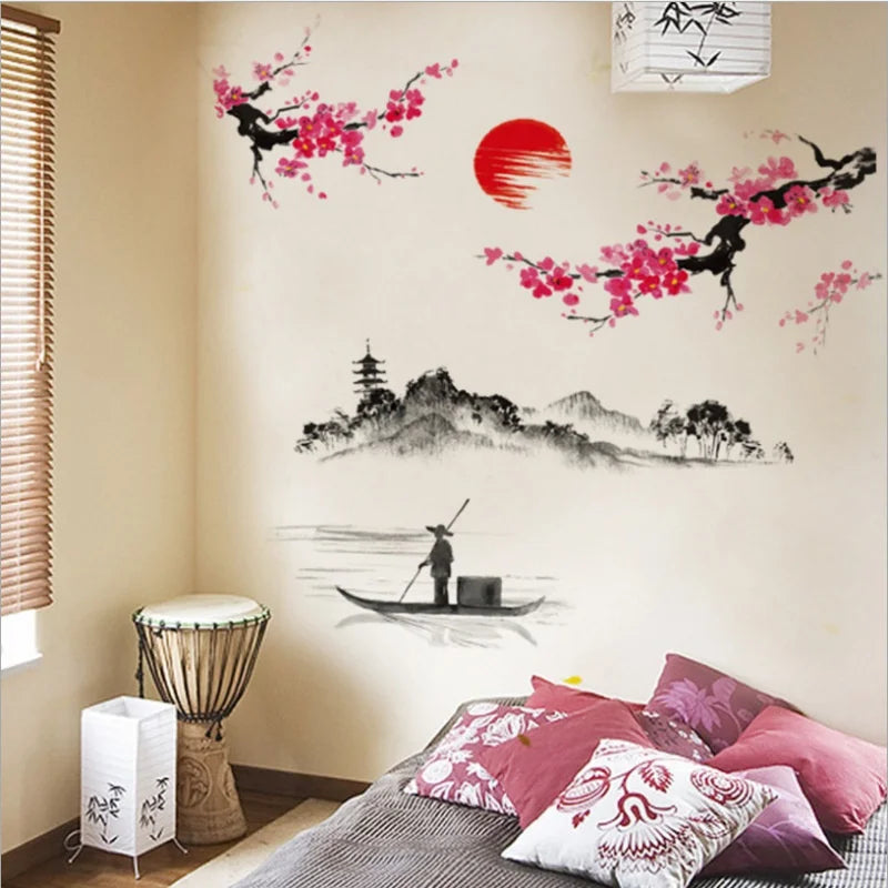 Chinese Style Sakura Japanese Pink Cherry Blossom Tree Decoration Mural Decals Wall Sticker Poster Wallpaper Decor.