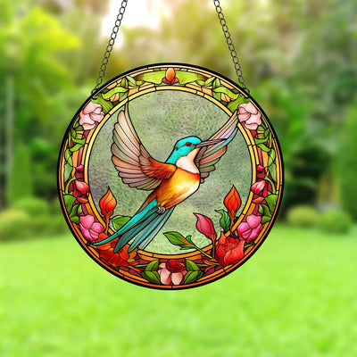 Acrylic Pattern Hummingbird Stained Window Hangings Colorful Flower Suncatchers for Windows, Birds Window Hangings with Chain