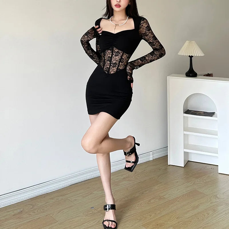 Nibber Black Mysterious Sexy Lace Stitching Mature Fishbone Beautiful Sweet Gentle Women'S Winter Long Sleeve Hip Short Dress