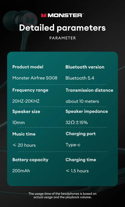 سماعات أذن Monster SG08 اللاسلكية بتقنية البلوتوث 5.4 مع عمر بطارية طويل وسماعات أذن للألعاب بصوت عالي الدقة وسماعة رياضية مع ميكروفون