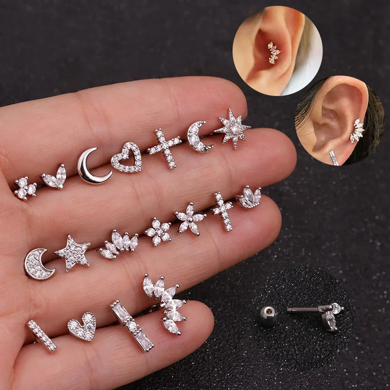 1PC Helix Piercing Stud Earrings For Women Conch Flat Ear Lobe Piercings Cartilage Tragus Stainless Steel Body Jewelry Girl Gift