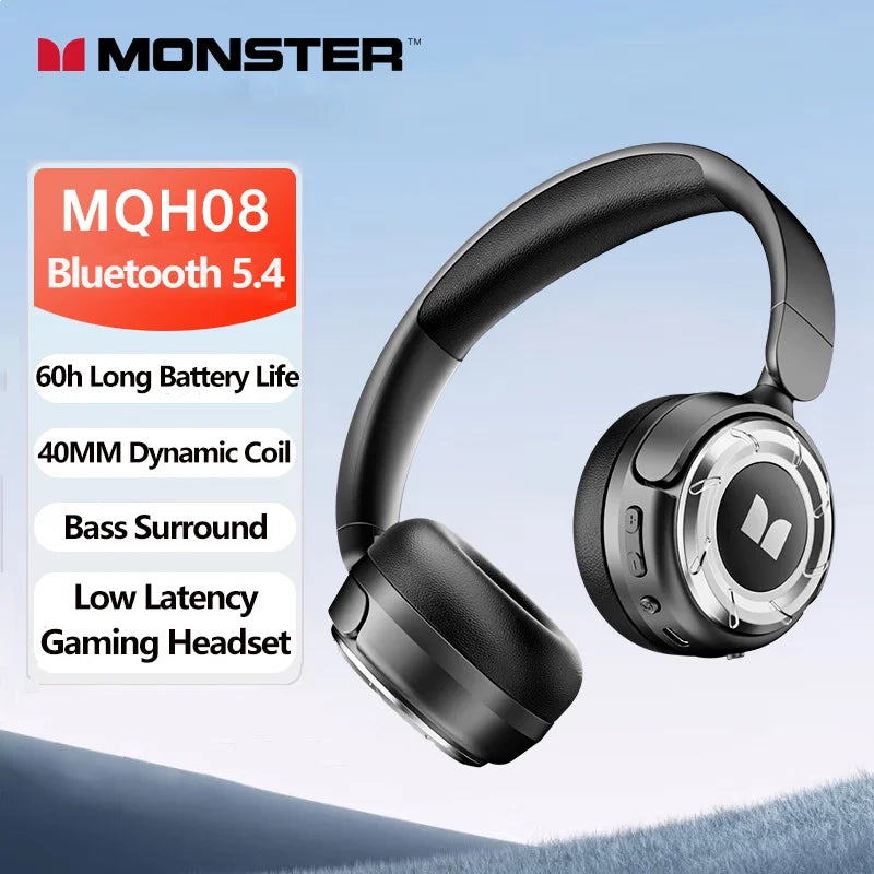 Monster MQH08 Wireless Bluetooth 5.4 Over-Ear Headphones 60H Long Battery Life Earbuds Noise Cancelling Gaming Headset With Mic