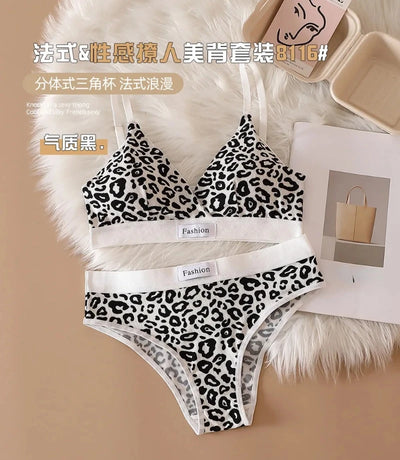 2024 Summer New Women's Leopard Print Traceless and Steel Rim Bra Adjustable Shoulder Strap Back Women's Underwear Set