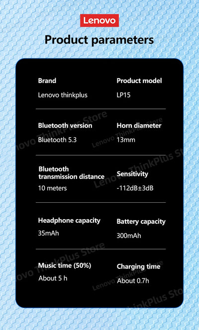 Lenovo LP15 TWS Wireless Bluetooth Headset 5.3 Touch Control Earphones Long Standby Earbuds Bass Low Latency Headphones 2023 New