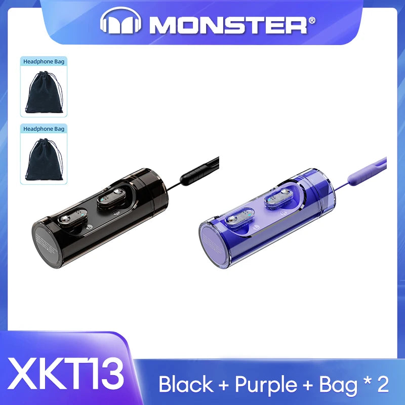 Original Monster V5.3 Wireless Bluetooth Headset XKT13 HIFI Sound Earphones Long Standby Earbuds Rotating Transparent Shell New