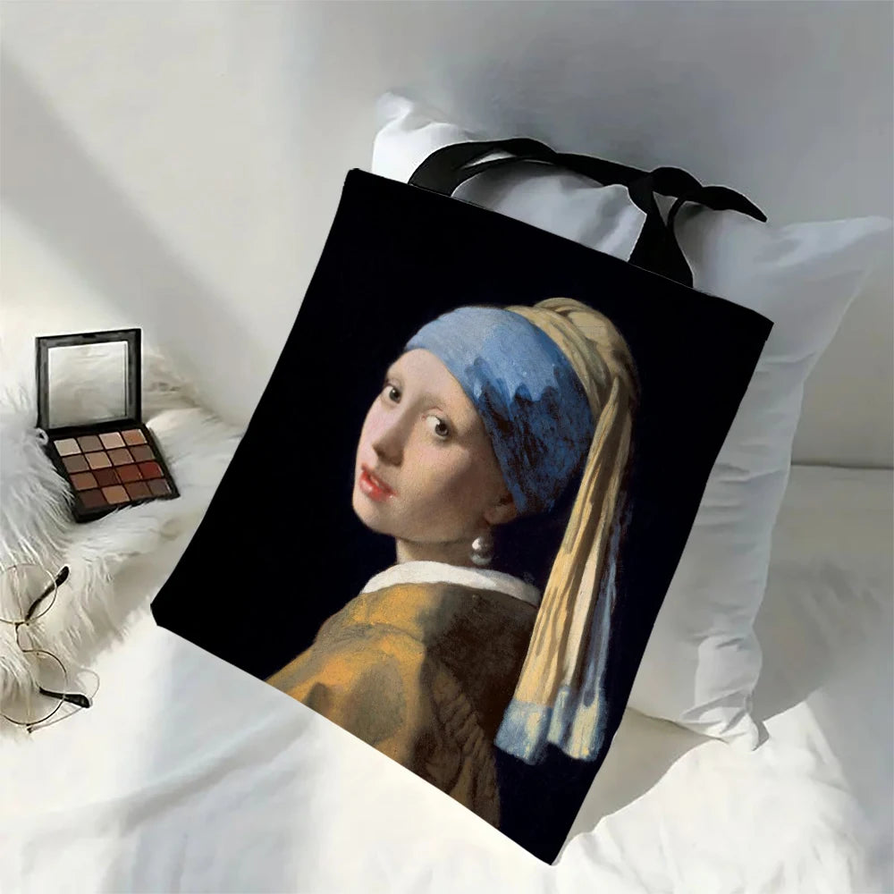 Oil Painting Printed Linen Bag Women's Lightweight Tote Bag Daily Handbag Multi-functional Shopping Bag