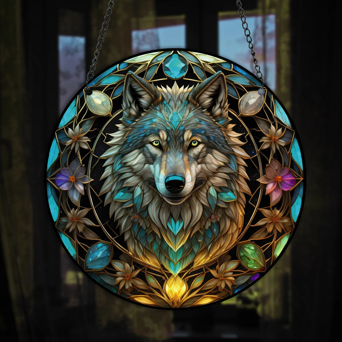 3D Wolf Stained Window Hanging, Wolf Art Pendant For Kitchen Livingroom Office, Halloween Fall Animal Lover Wreath Sign