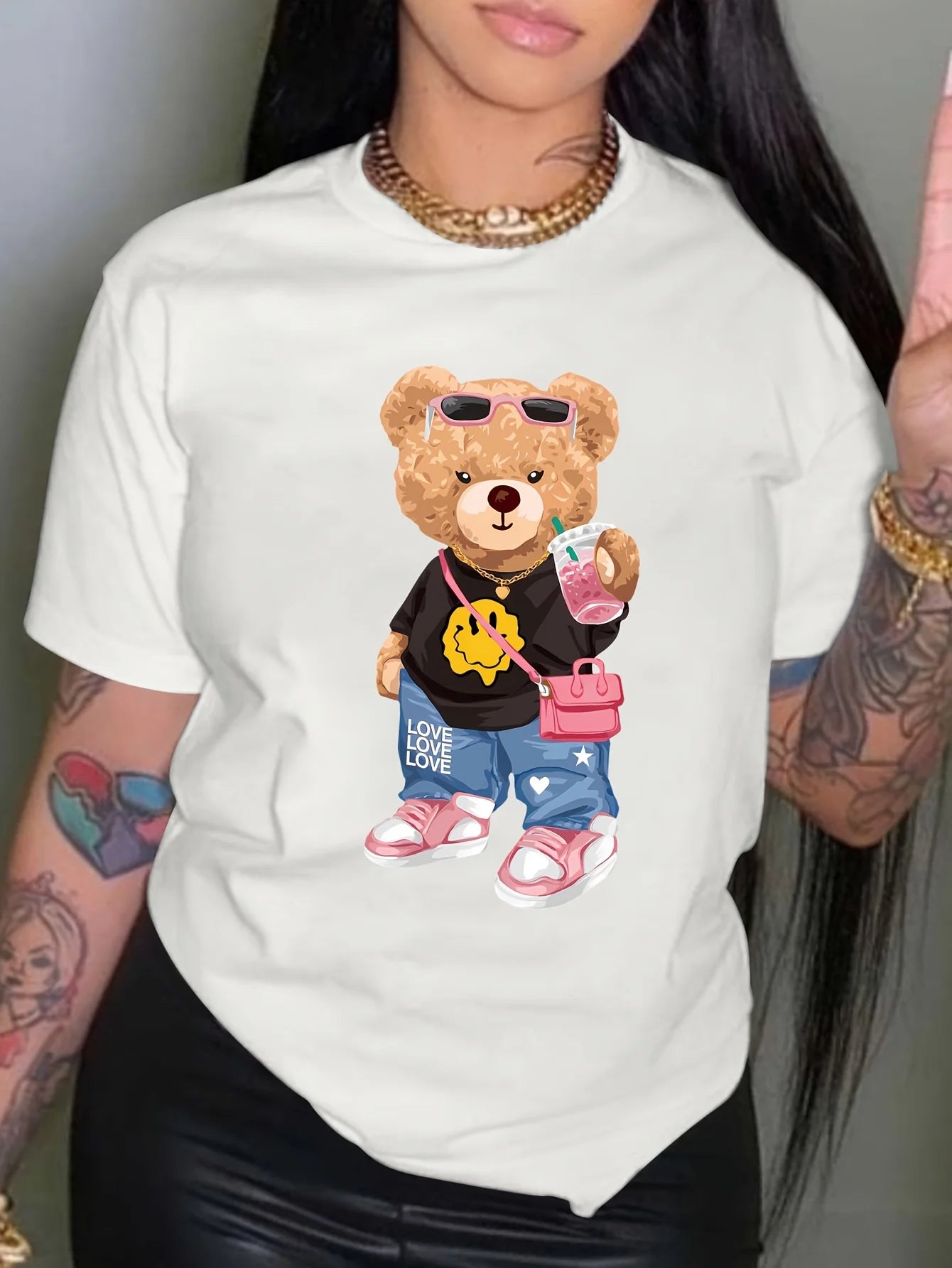 Cool Little Bear Print T-shirt, Short Sleeve Crew Neck Casual Top For Summer & Spring, Women's Clothing