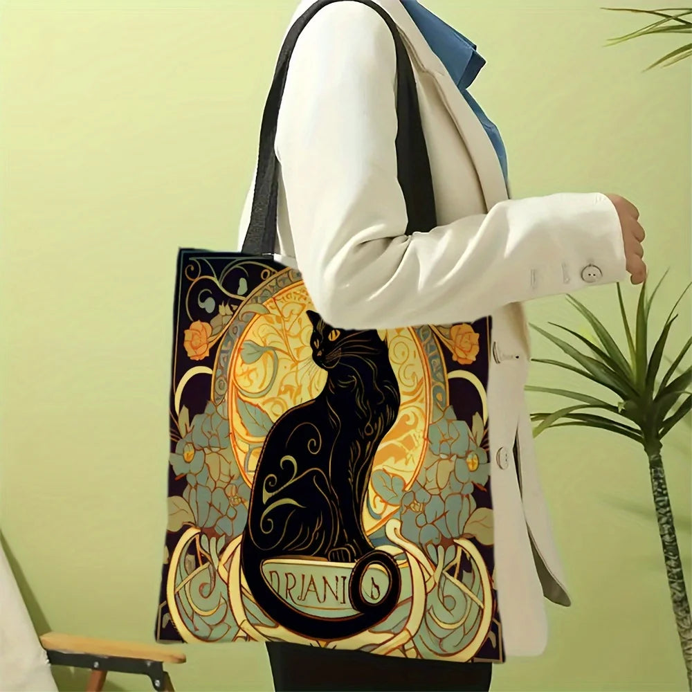 Retro Art Noble Black Cat Tote Bag, Fashionable Shoulder Bag, Daily Lightweight Shopping Bag Linen Fabric 40X40CM Handbag