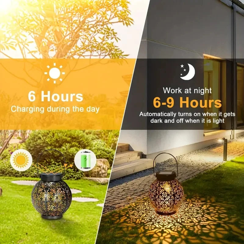 Outdoor Garden Landscape Decoration Solar Lights LED Metal Waterproof round Lantern Lights Hanging Hollow Projection Lights