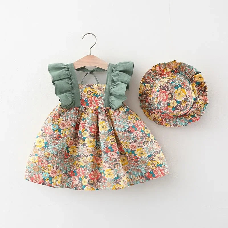 Summer New Girl Baby Strap Dress Fragmented Flower Children's Sleeveless Princess Dress 0-3 Year Old Newborn Comes with Hat