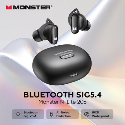 Monster N-LITE 206 Ture Wireless Bluetooth V5.4 Headphones IP5X Waterproof Sport Earbuds HIFI Stereo Sound Low Latency Earphone