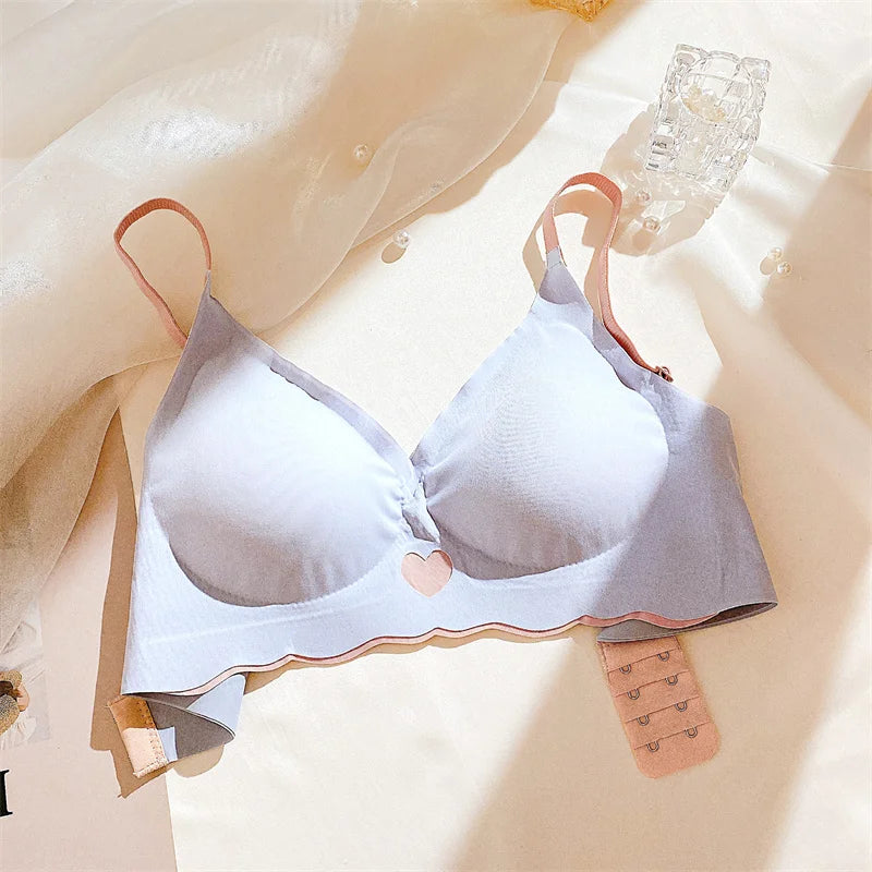 Sexy Push Up Bras For Women Love Heart Pattern Brassiere Deep V Neck Cute Underwear Female Seamless Wireless Soft Lingerie