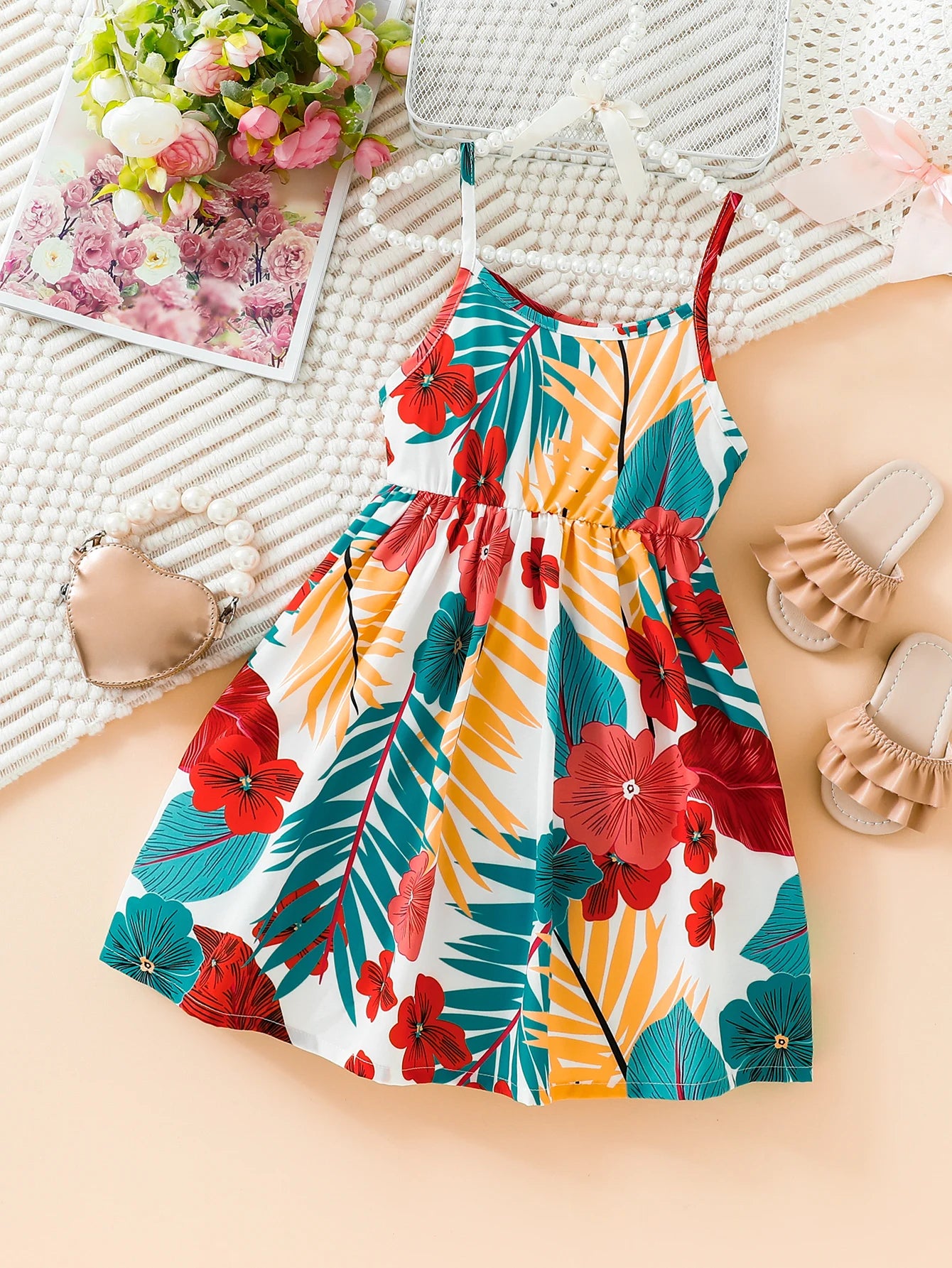 Summer Clothing Plant Flower Dress Casual Fashion Print Cute Girl Suspender Dress