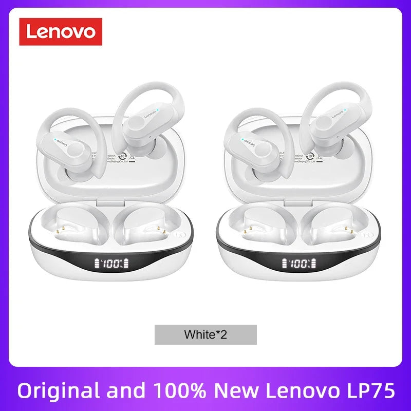 سماعات لينوفو LP75 TWS Bluetooth V5.3 الأصلية الجديدة 2/3/5 قطع، سماعات رأس لاسلكية LED رقمية مقاومة للماء IPX5