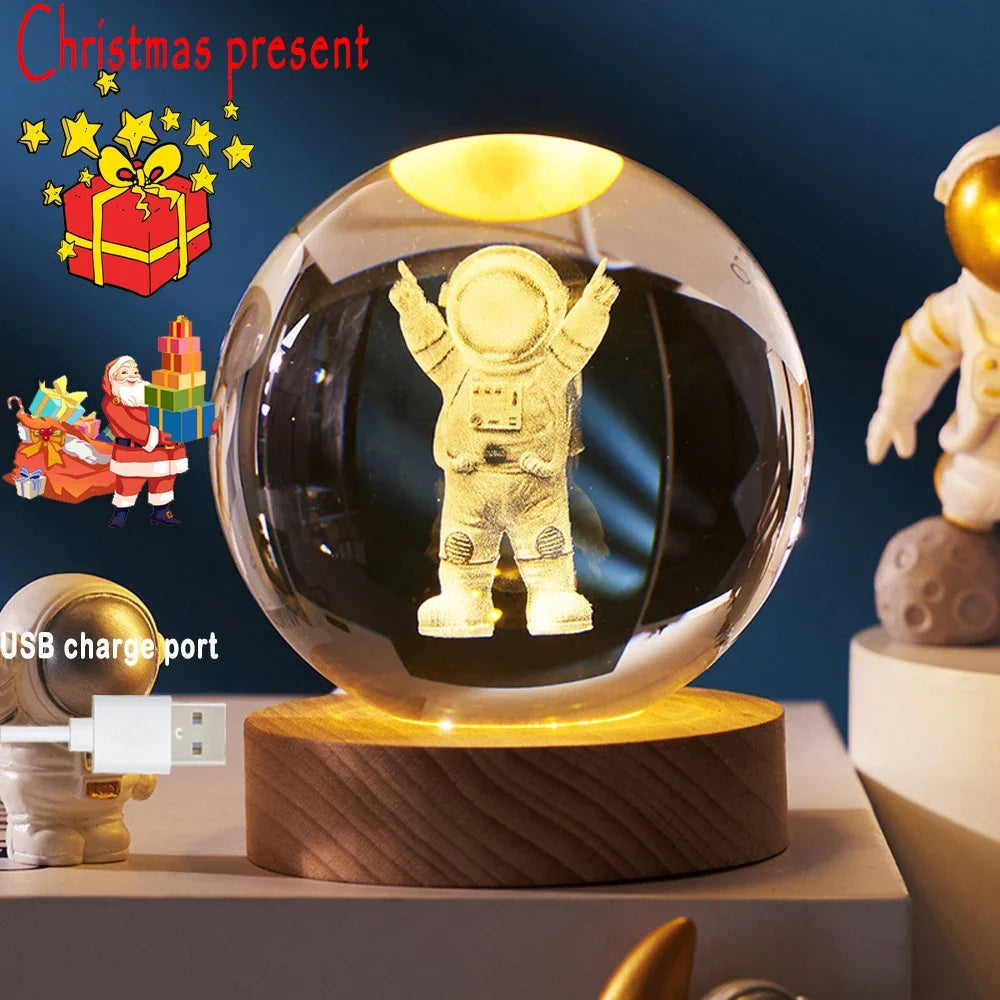 New 6cm 3D Crystal Ball Stitch Pokemon Wooden base with 6cm crystal ball Planet Night Light Laser Carving Christmas gifts