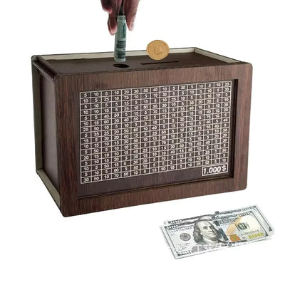 1pcs Money Wood Box Piggy Bank Wood Money Bank Reusable Money Box with Saving Goal and Numbers Money Boxes Money Drawer