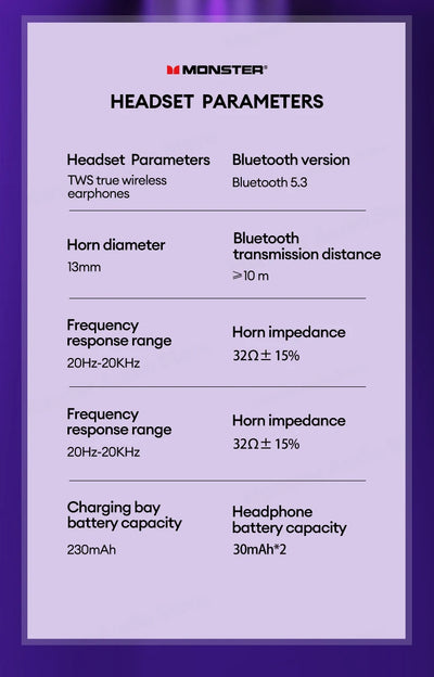 سماعات Monster XKT15 Bluetooth V5.3 الأصلية لاسلكية عالية الجودة مع صوت HIFI ووقت انتظار طويل وسماعة ألعاب منخفضة الكمون